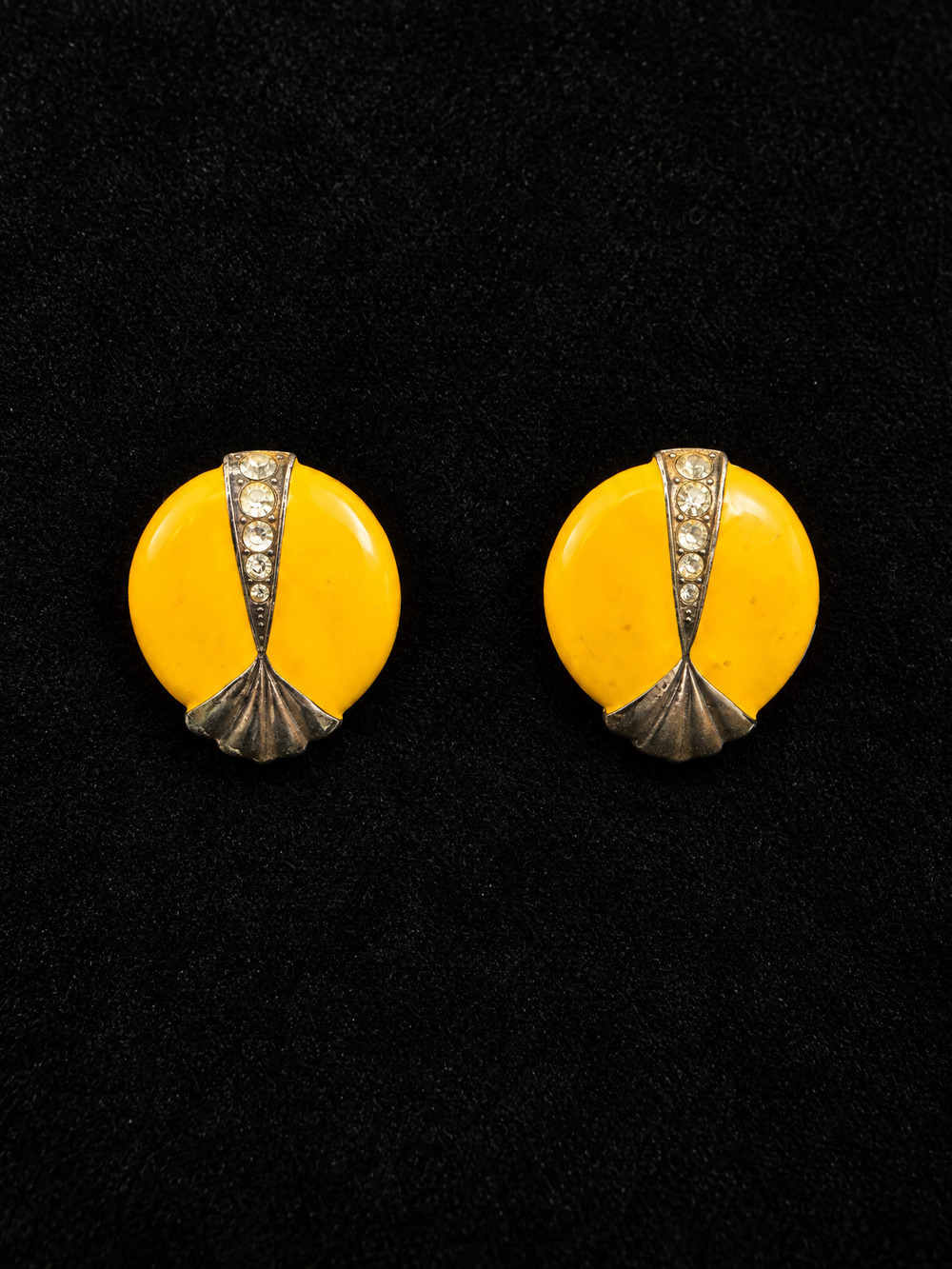 ⚜️ Art Deco Clip-on Earrings | Yellow Enamel & Rhinestone | Bold Statement 💗
